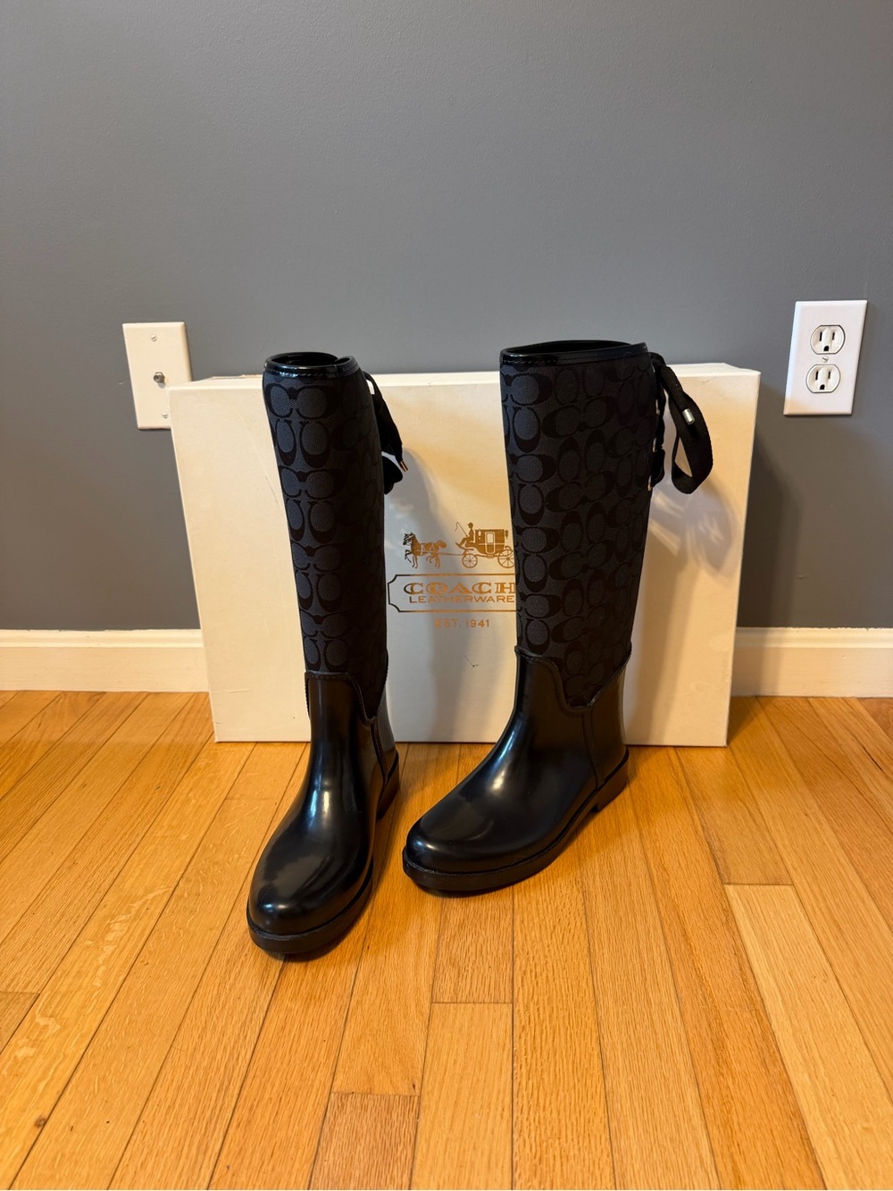 COACH Black Signature Tall Rain Boots with Back Bow